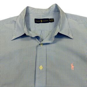 Ralph Lauren Shirt Men's XL Short Sleeve Gingham Baby Blue Pink Pony Preppy‎